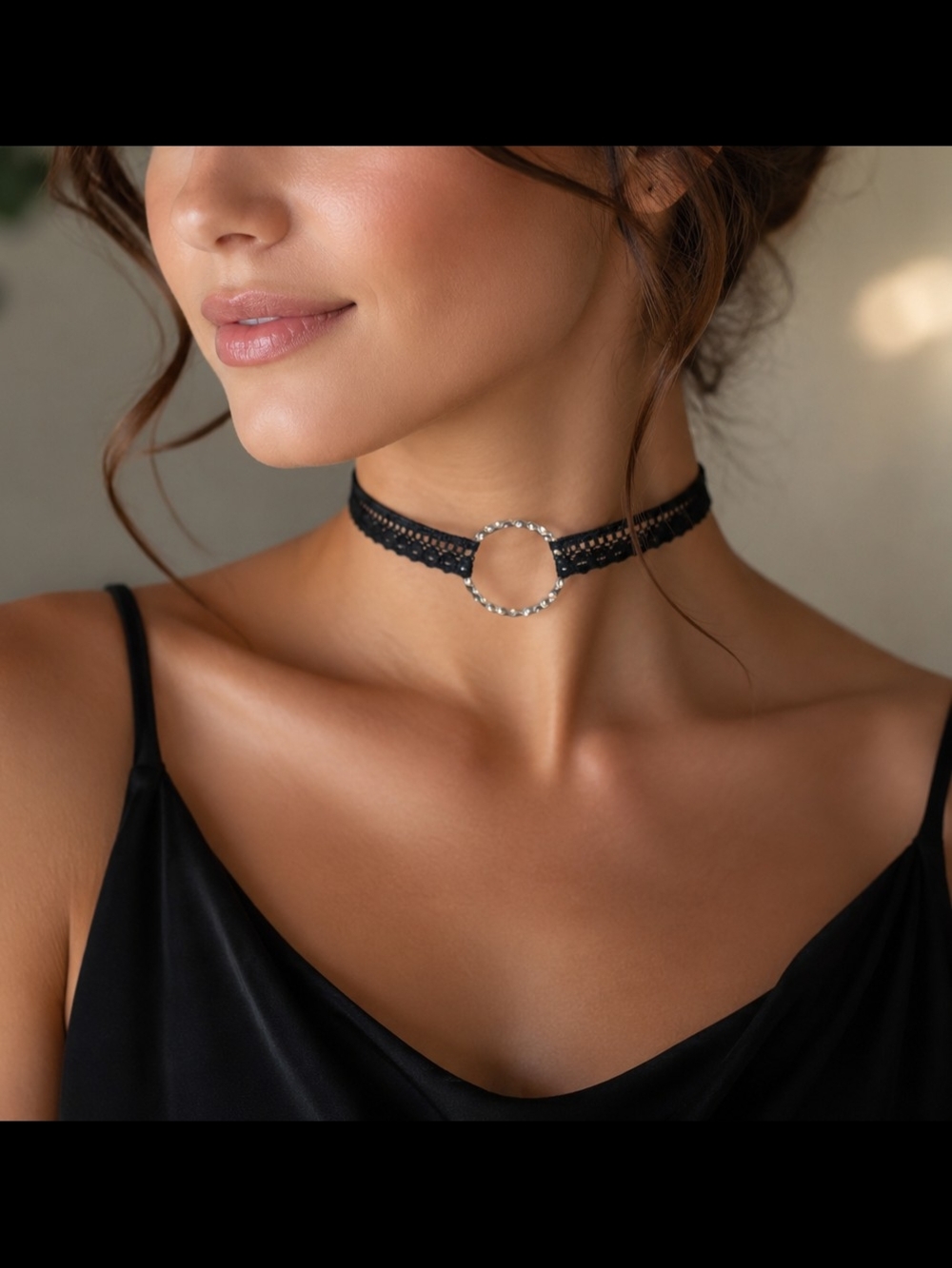 Black Lace Choker with Silver Ring Accent Hand Crafted